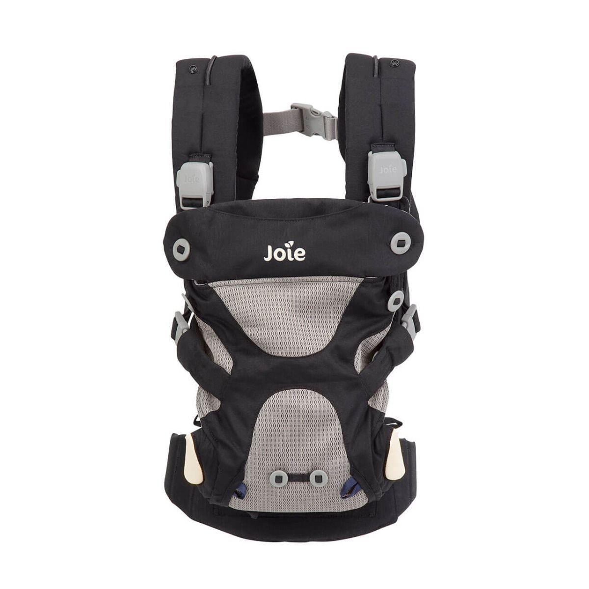 Black baby carrier front view with gray seat insert, two shoulder straps, buckles