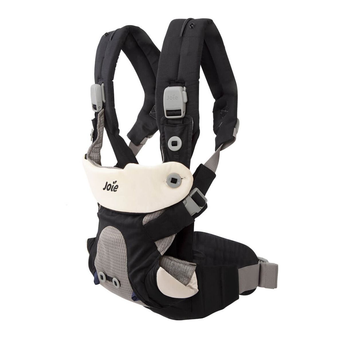 Black baby carrier with gray front panel, adjustable shoulder straps and buckles