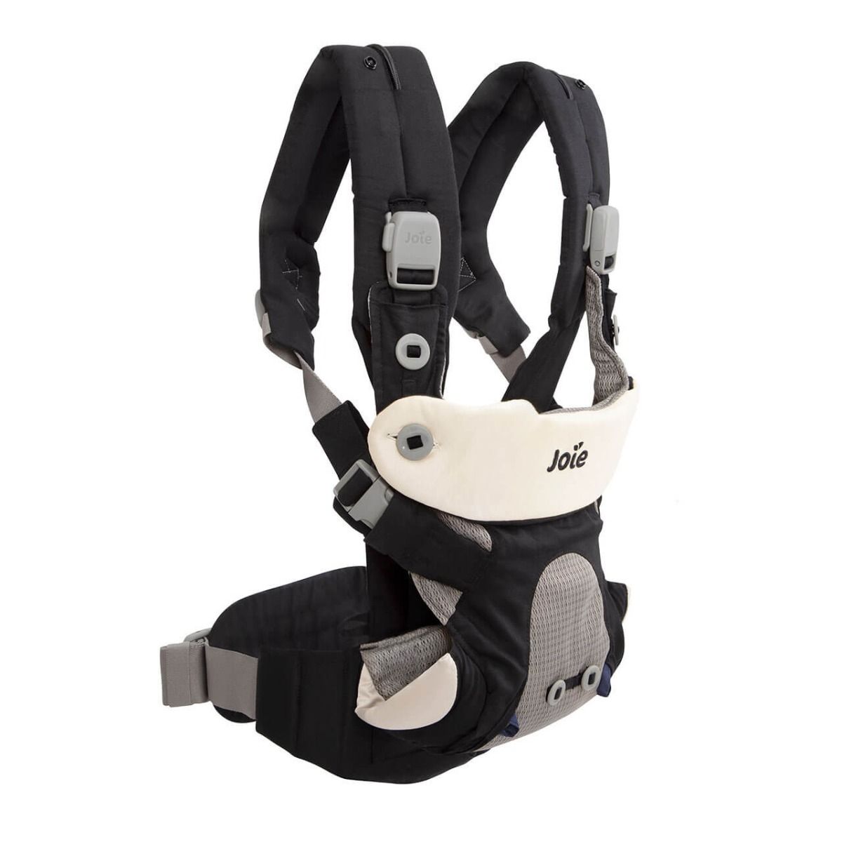 Black baby carrier with light gray head support and front padding, adjustable straps