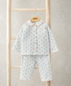 White floral button-front pyjama top and cropped trousers with scalloped collar trim