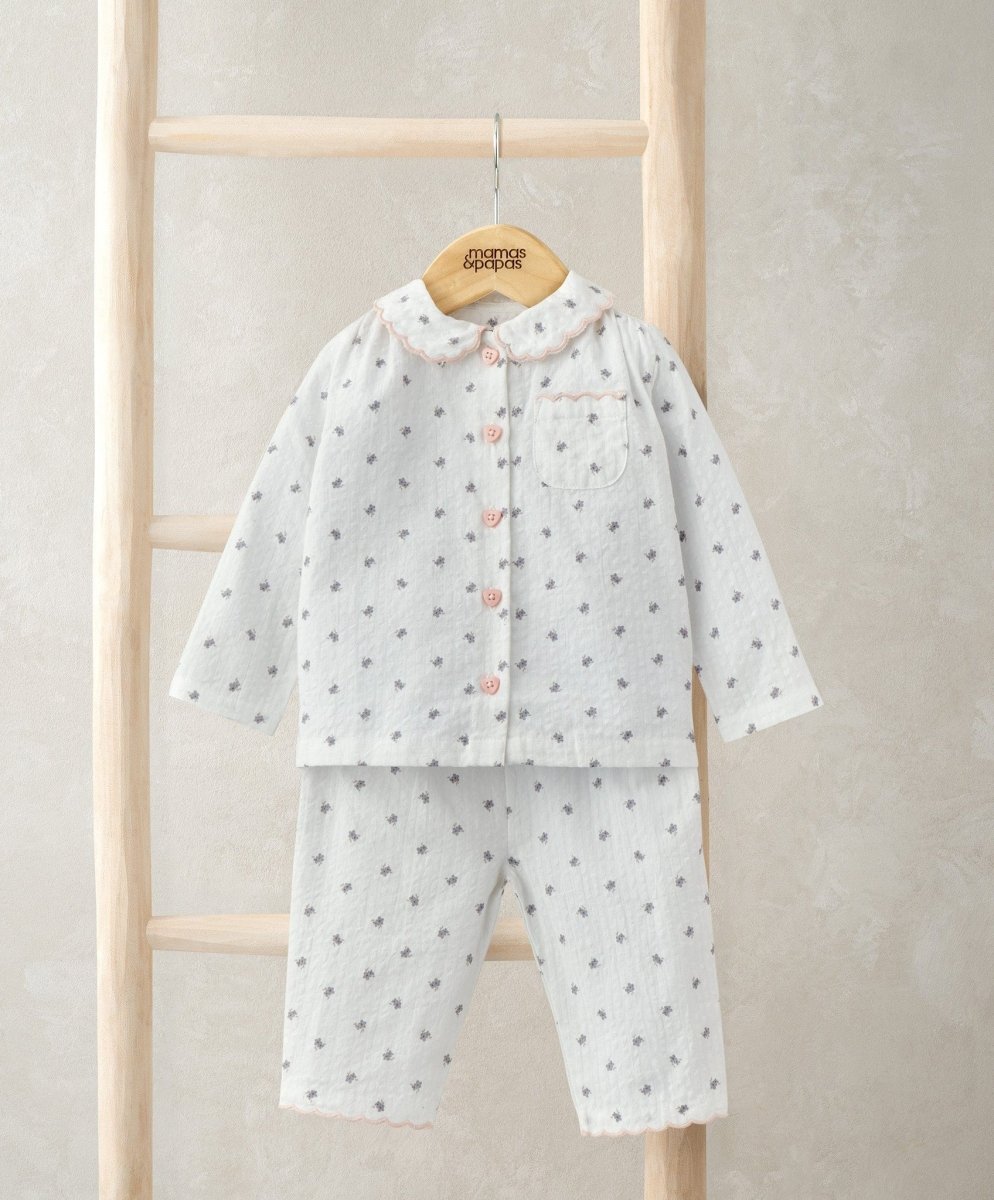 White floral button-front pyjama top and cropped trousers with scalloped collar trim