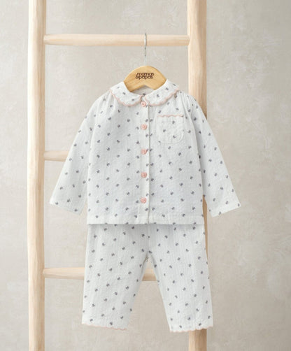 White floral button-front pyjama top and cropped trousers with scalloped collar trim