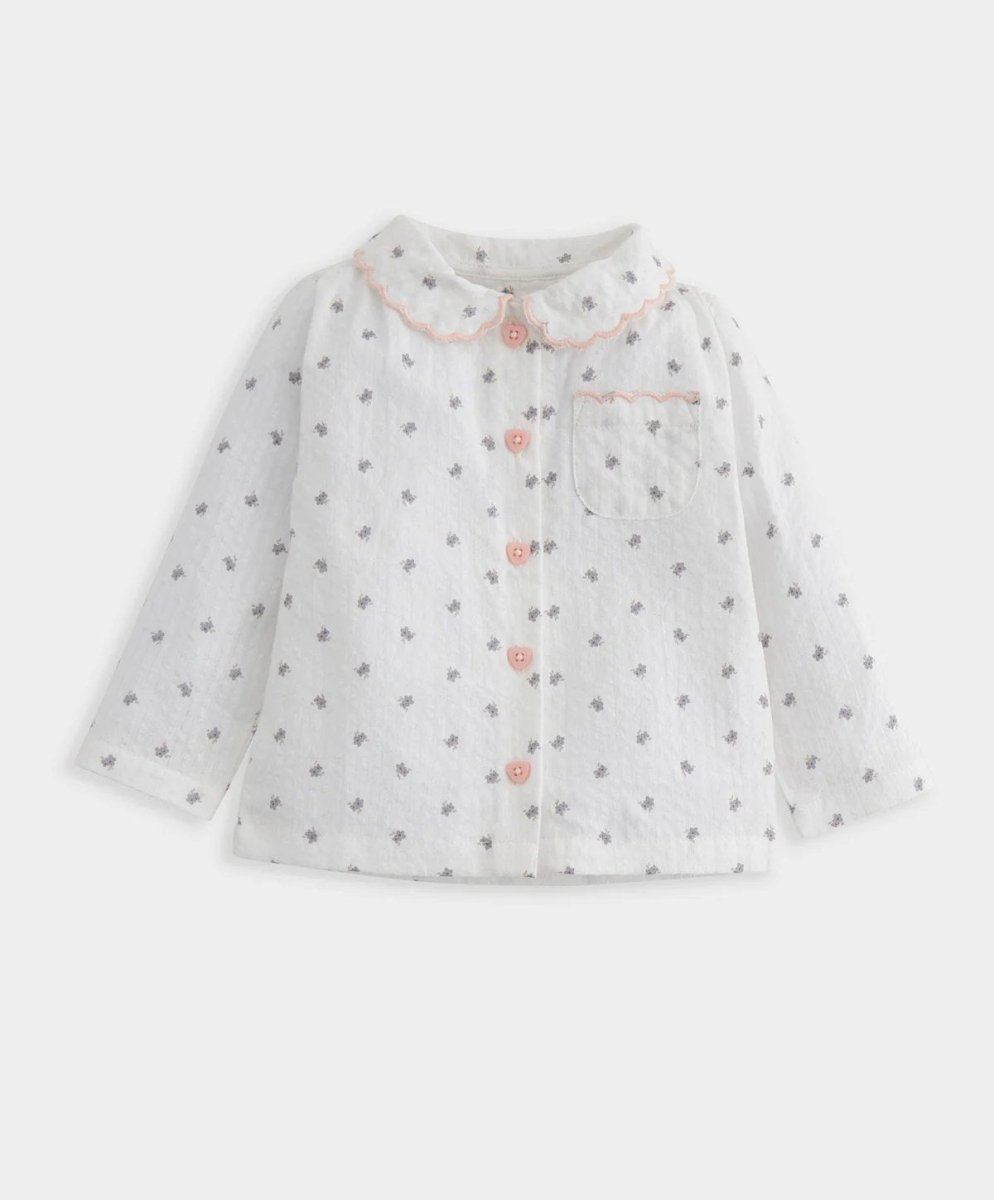 White floral long-sleeve pyjama top with button placket and scalloped collar