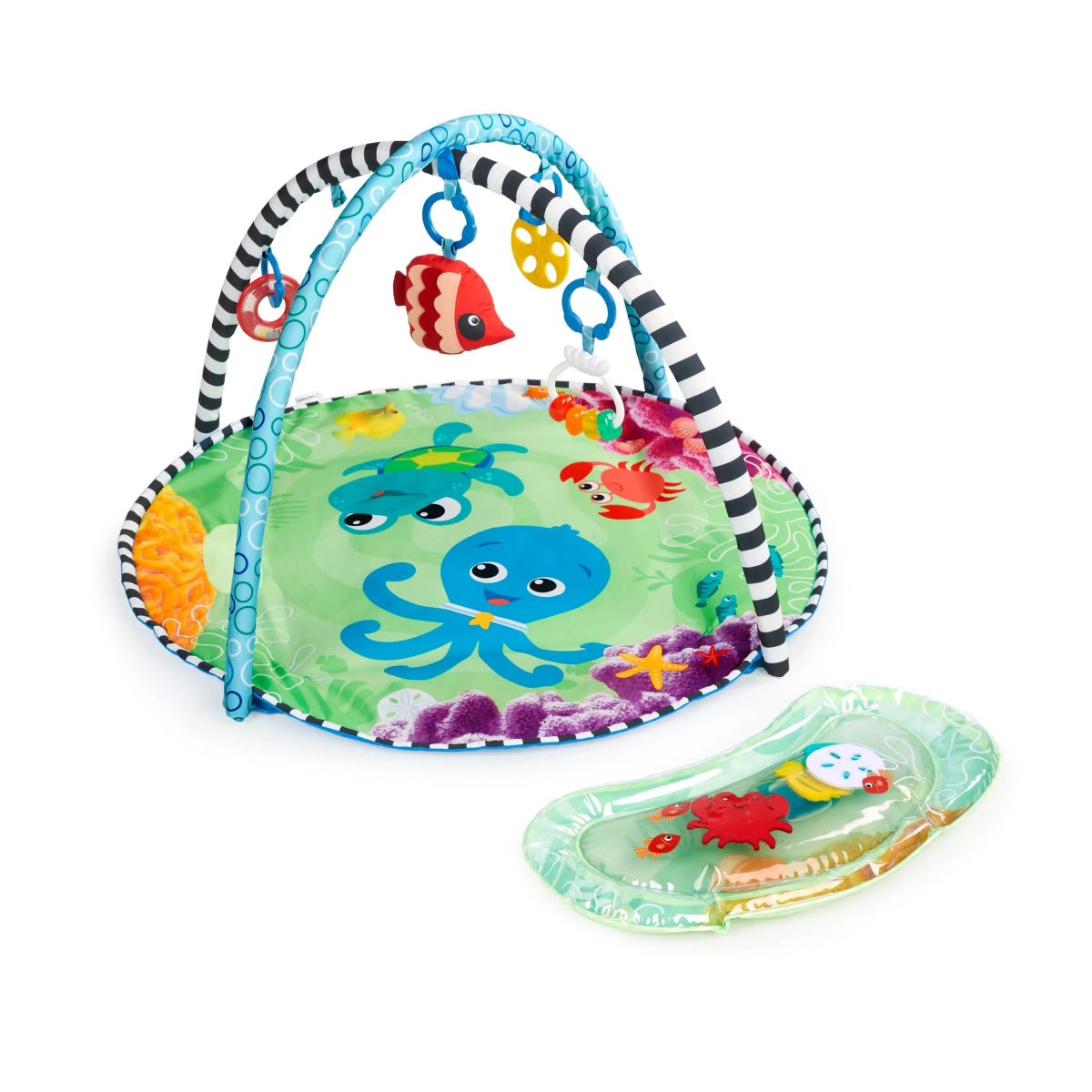 Sea-animal play mat with arched activity frame and clear water pad insert
