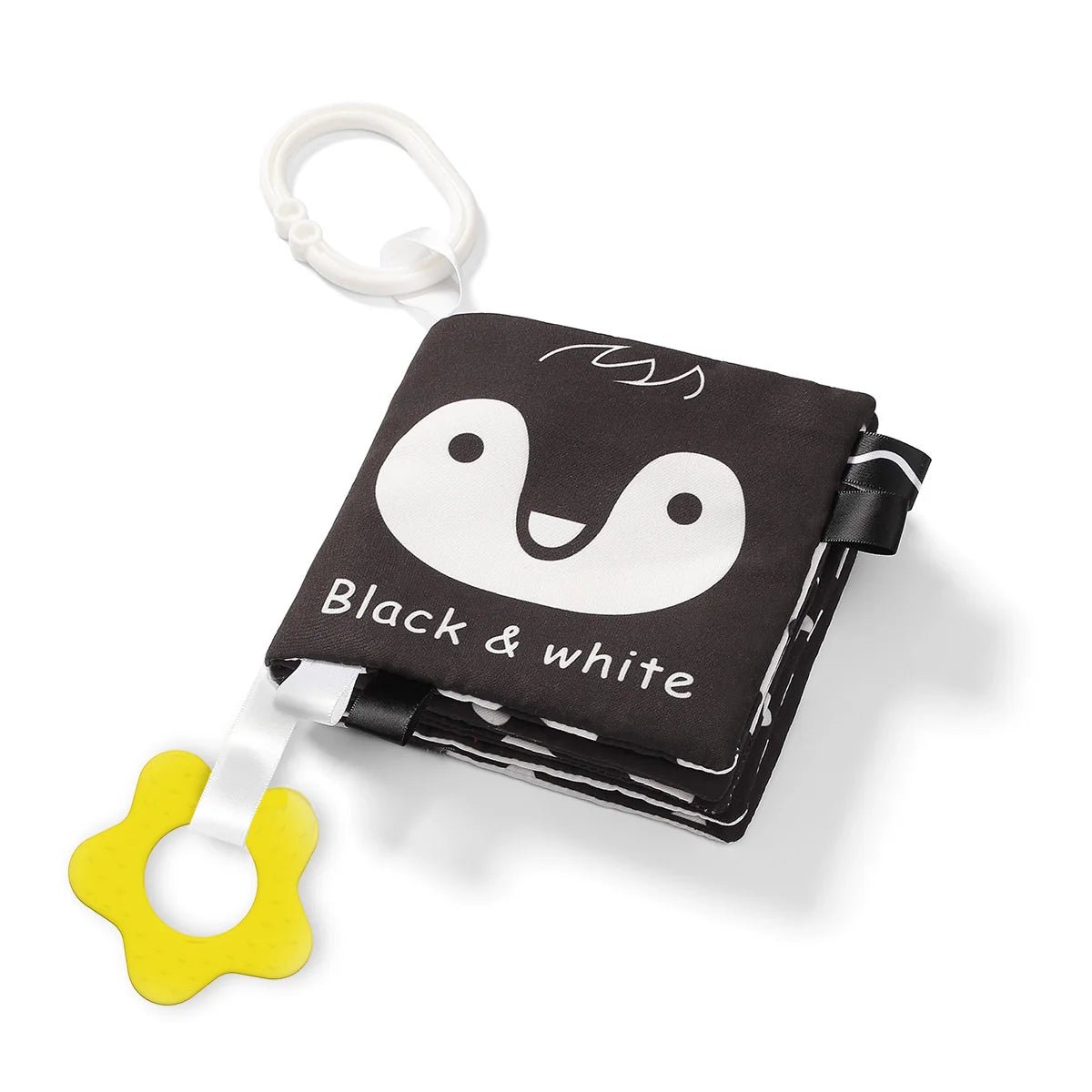 Cloth sensory book, black cover with white panda face, “Black & white” and handle