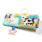 Soft sensory fabric book with cow and sheep pages, carry handle and star teether