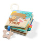 Soft sensory fabric book with farm animal pages and carry handle, includes star teether