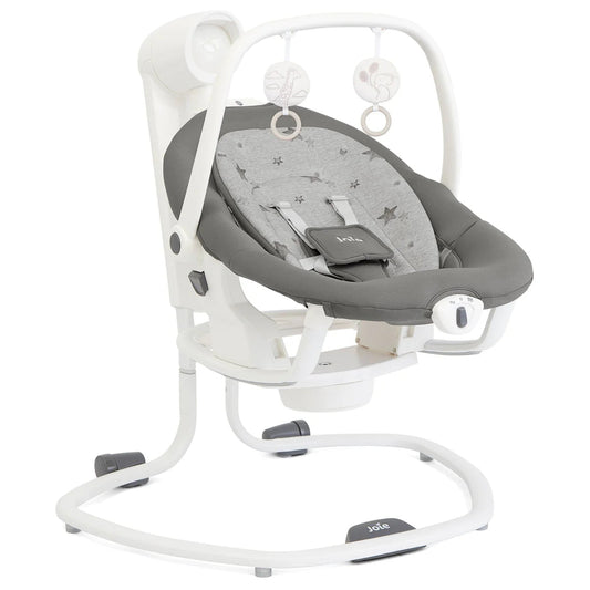 2-in-1 baby swing with cosmo gray seat and star-pattern cushion, white frame