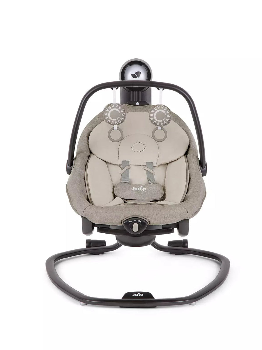 2-in-1 swing rocker infant seat front view, speckled beige pad and black frame