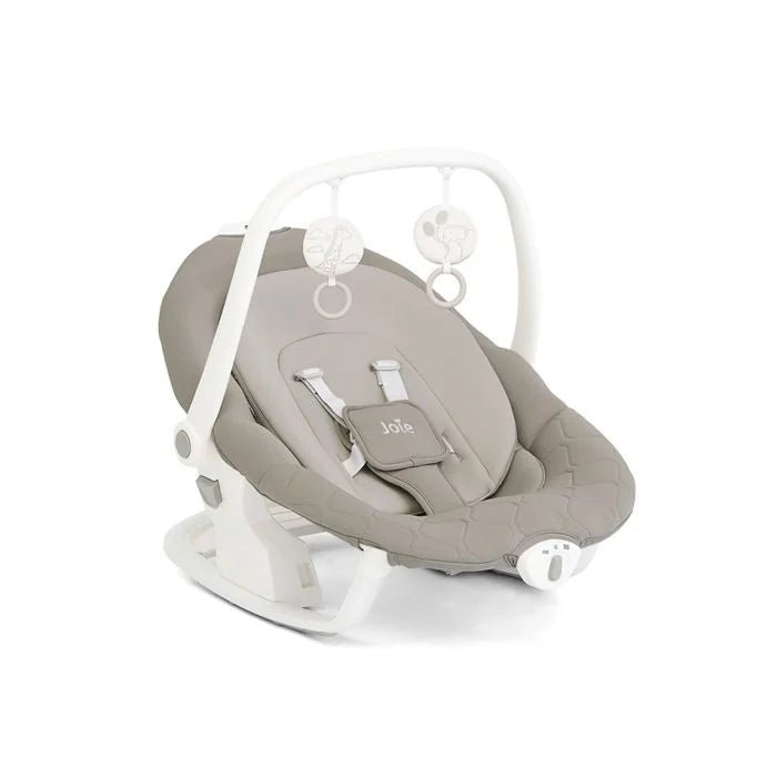 2-in-1 baby swing rocker with white frame and gray seat, toys overhead