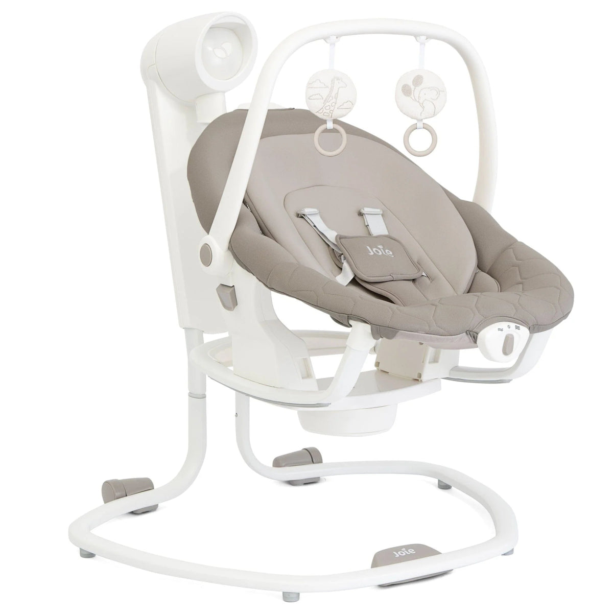 2-in-1 baby swing rocker with white frame and gray padded seat, infant lying back