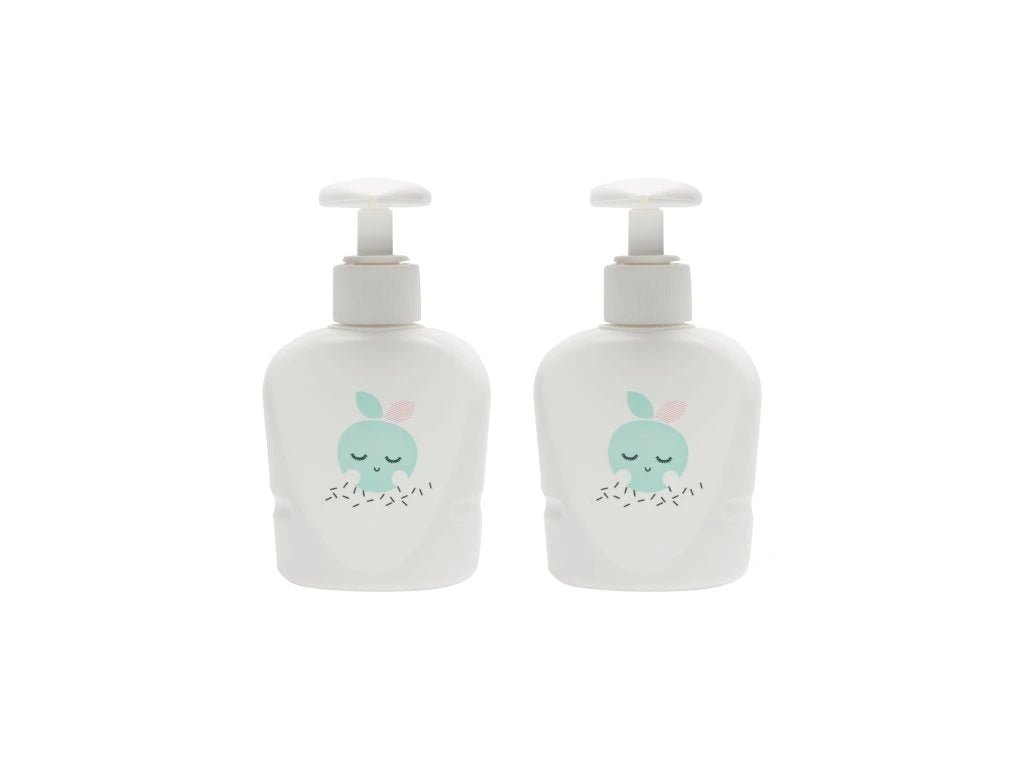 Set of 2 pump soap dispensers, white bottles with cartoon animal on front
