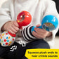 Baby maraca rattle pair with red and blue handles, colorful and striped bases