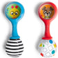 Baby rattle maracas toy with soft ends, blue and red with animal faces
