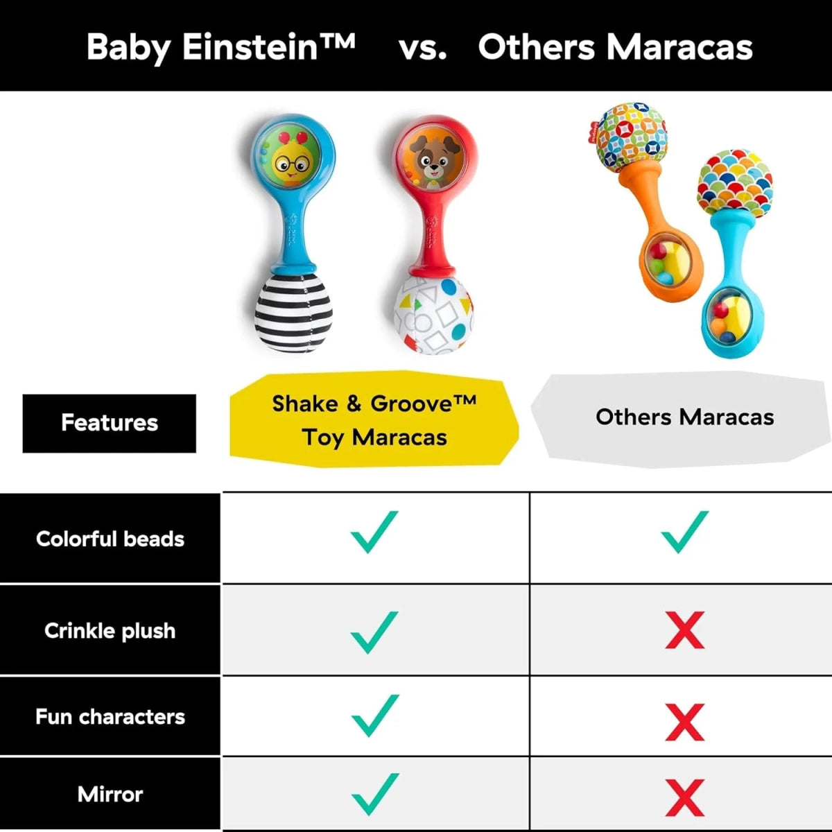 Baby maraca rattles set with blue and red characters and multicolor designs