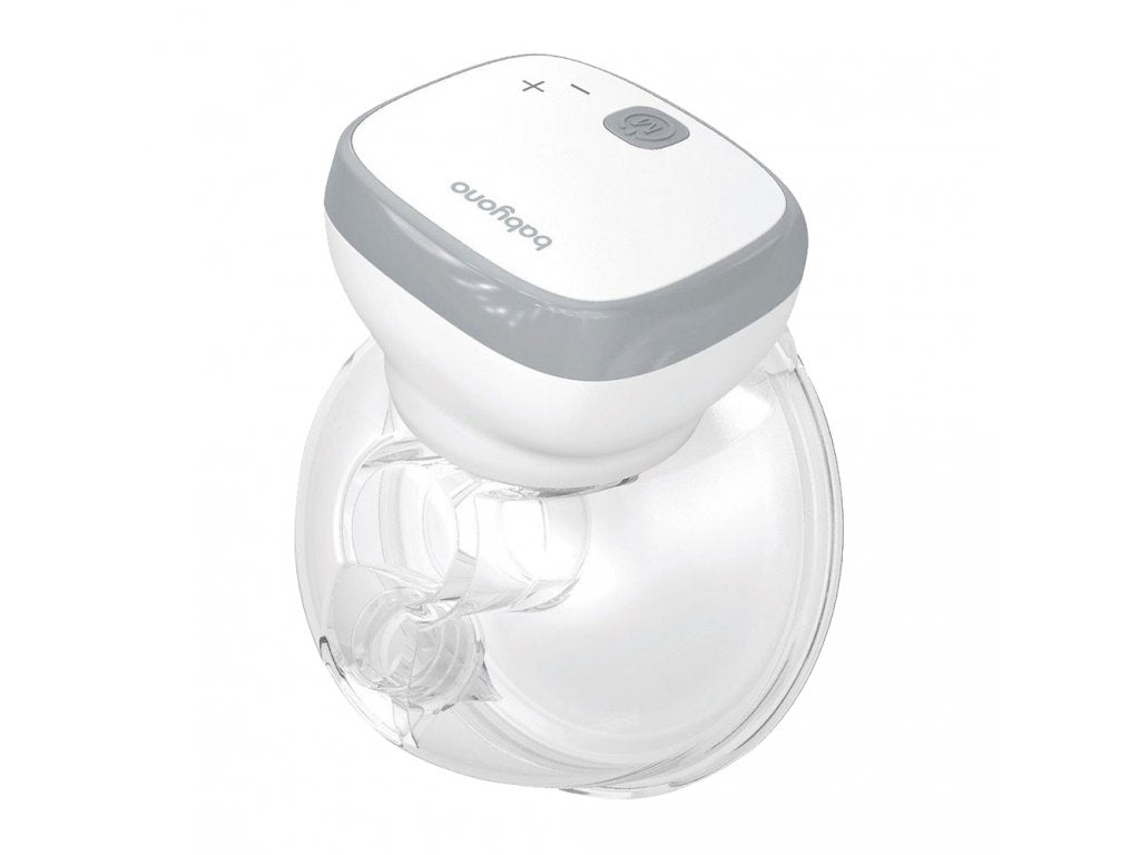 Hands-free electric breast pump with white motor unit and clear breast shields
