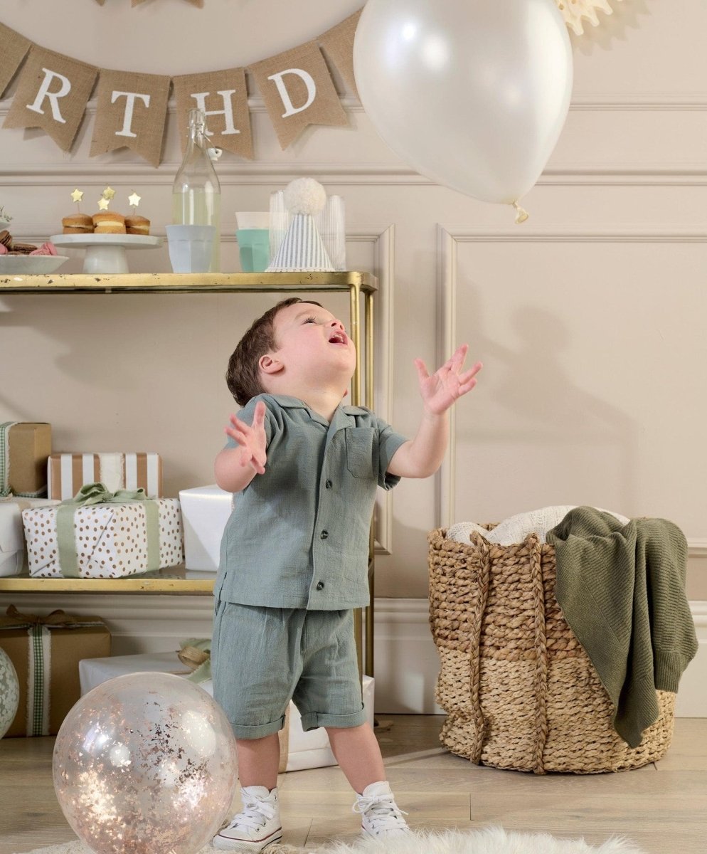 Children's short-sleeve button-up shirt with matching shorts, slate green