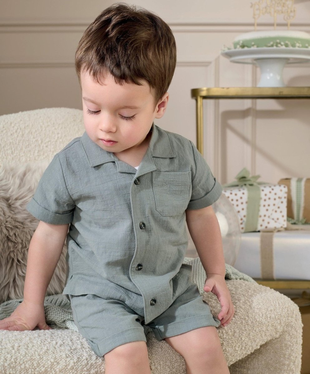 Children's short-sleeve button-up shirt and matching shorts, slate green