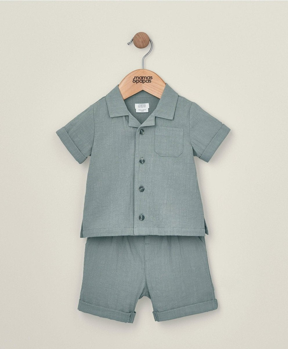 Children's short-sleeve button-up shirt and matching shorts set, dark green