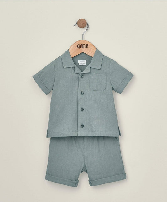 Children's short-sleeve button-up shirt and matching shorts set, dark green