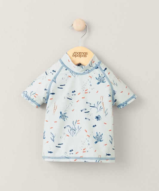 Short sleeve rash top swimwear with light blue sea-life print and crew neckline