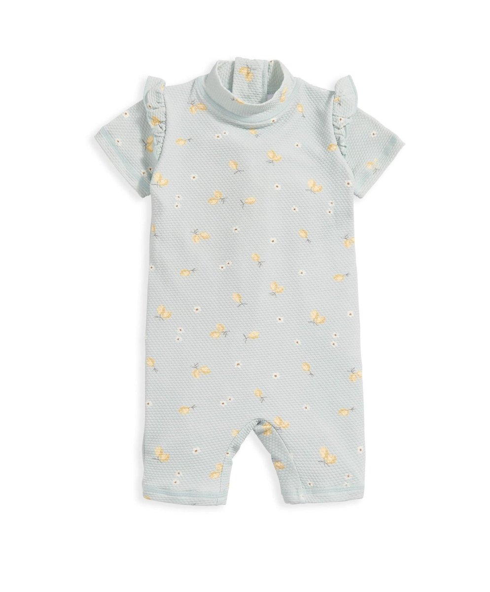 Short-sleeve rashguard swimsuit, pale with small lemon print and high neck
