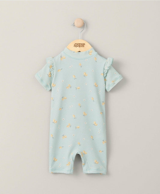 Light blue short-sleeve rashguard swimsuit with small lemon print and high neck