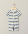 Striped short-sleeve rashsuit swimwear with front zipper and blue-and-white stripes