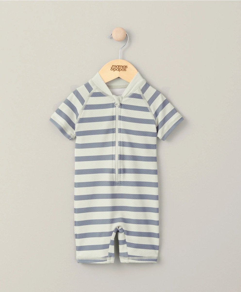 Striped short-sleeve rashsuit swimwear with front zipper and blue-and-white stripes