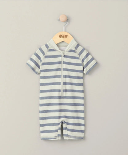 Striped short-sleeve rashsuit swimwear with front zipper and blue-and-white stripes