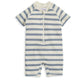 Short-sleeve striped rashsuit with zipper front and blue-and-white horizontal stripes