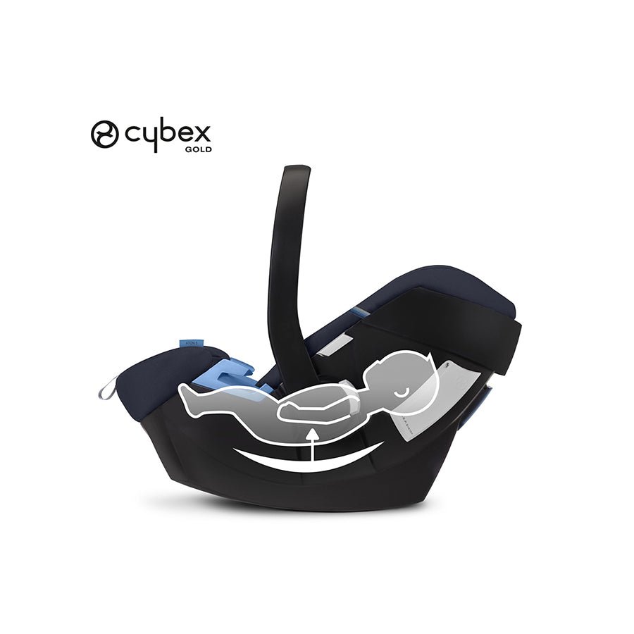 Black car seat with canopy and blue head support, rear carry handle