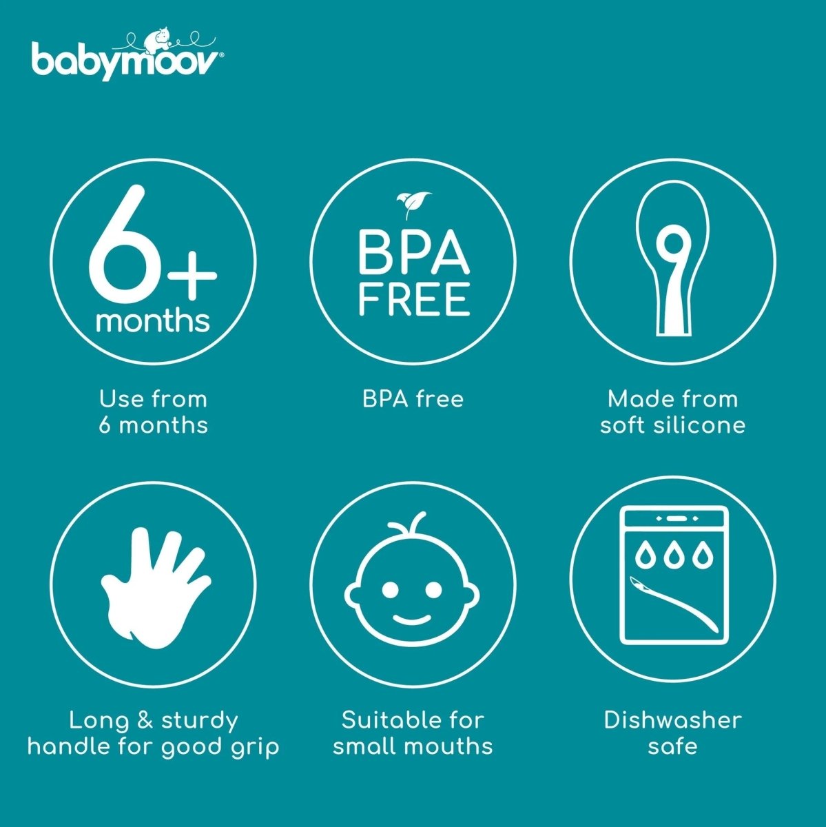Silicone baby spoon set graphic: 6+ months, BPA free, soft silicone, dishwasher safe