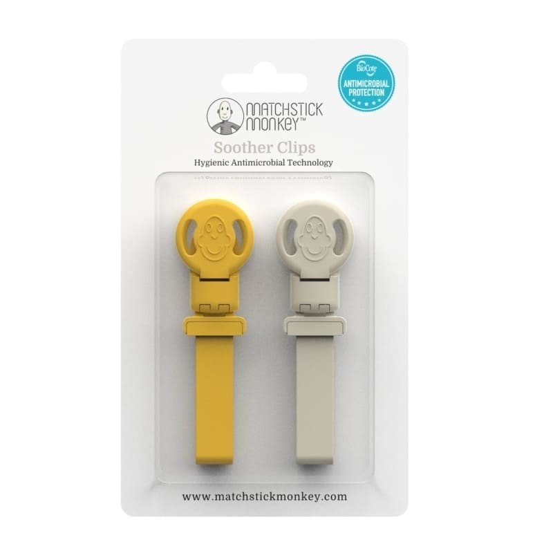 Silicone pacifier clip set with yellow and gray lion and giraffe pendants, in package
