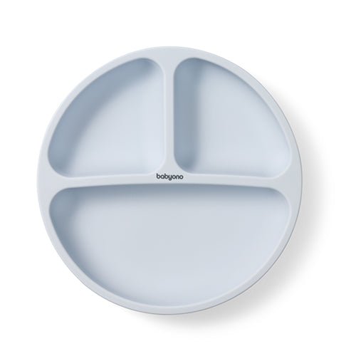 Light blue silicone suction plate with three divided compartments