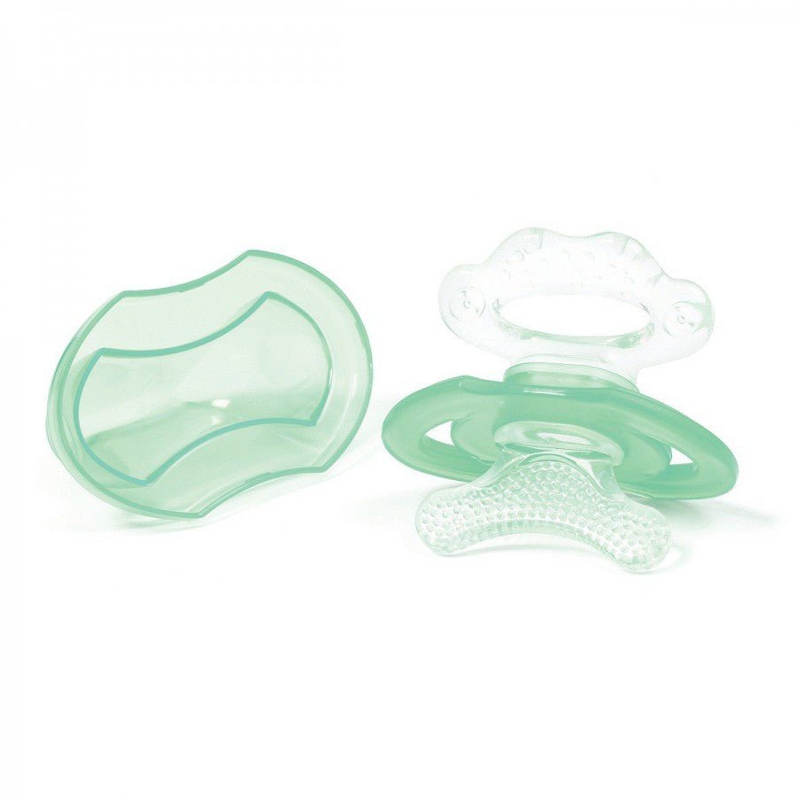 Silicone baby teether set with mint green and clear textured pieces