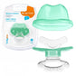 Silicone baby teether with mint green guard and clear textured teething ring
