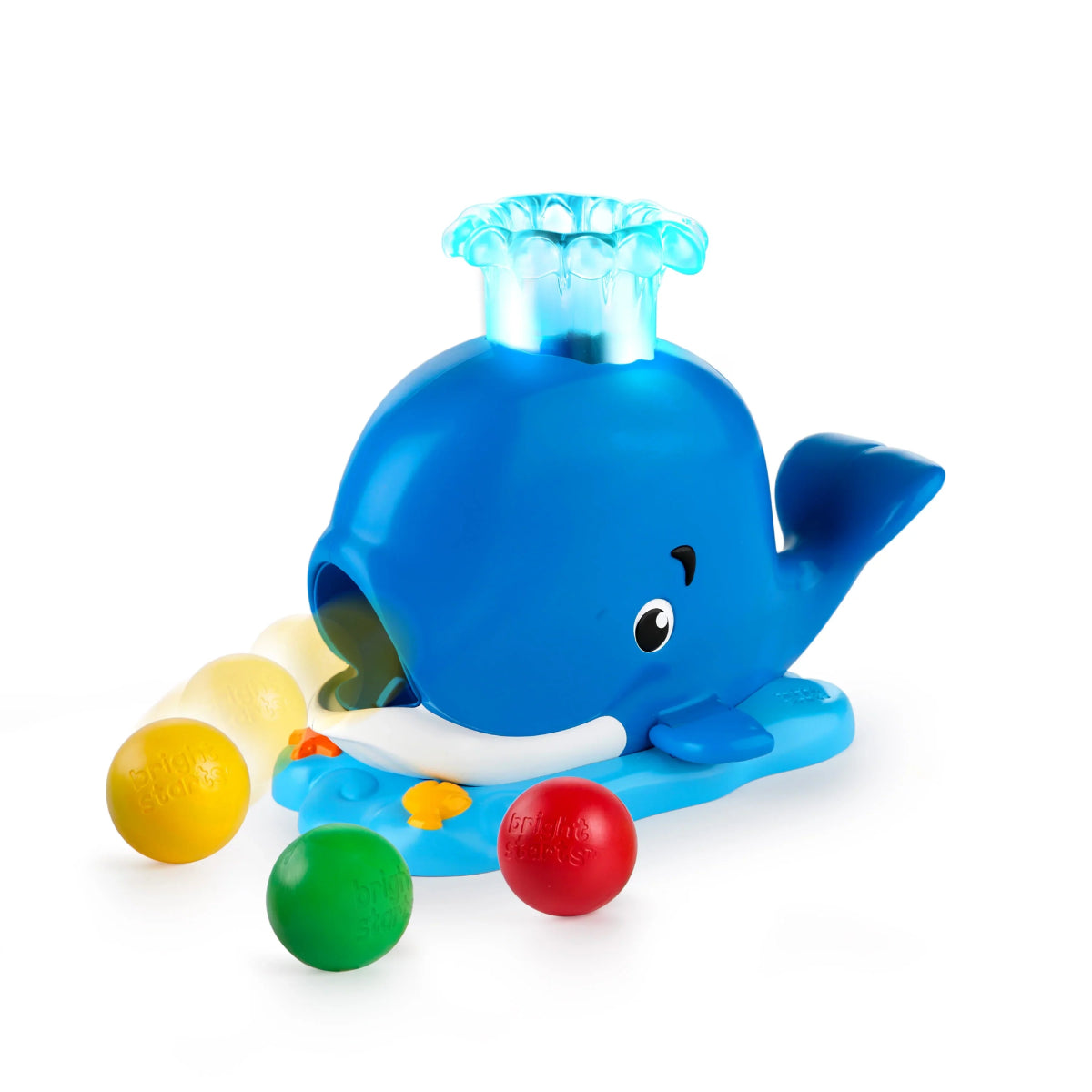 Blue whale ball popper toy with light-up spout and three colorful balls