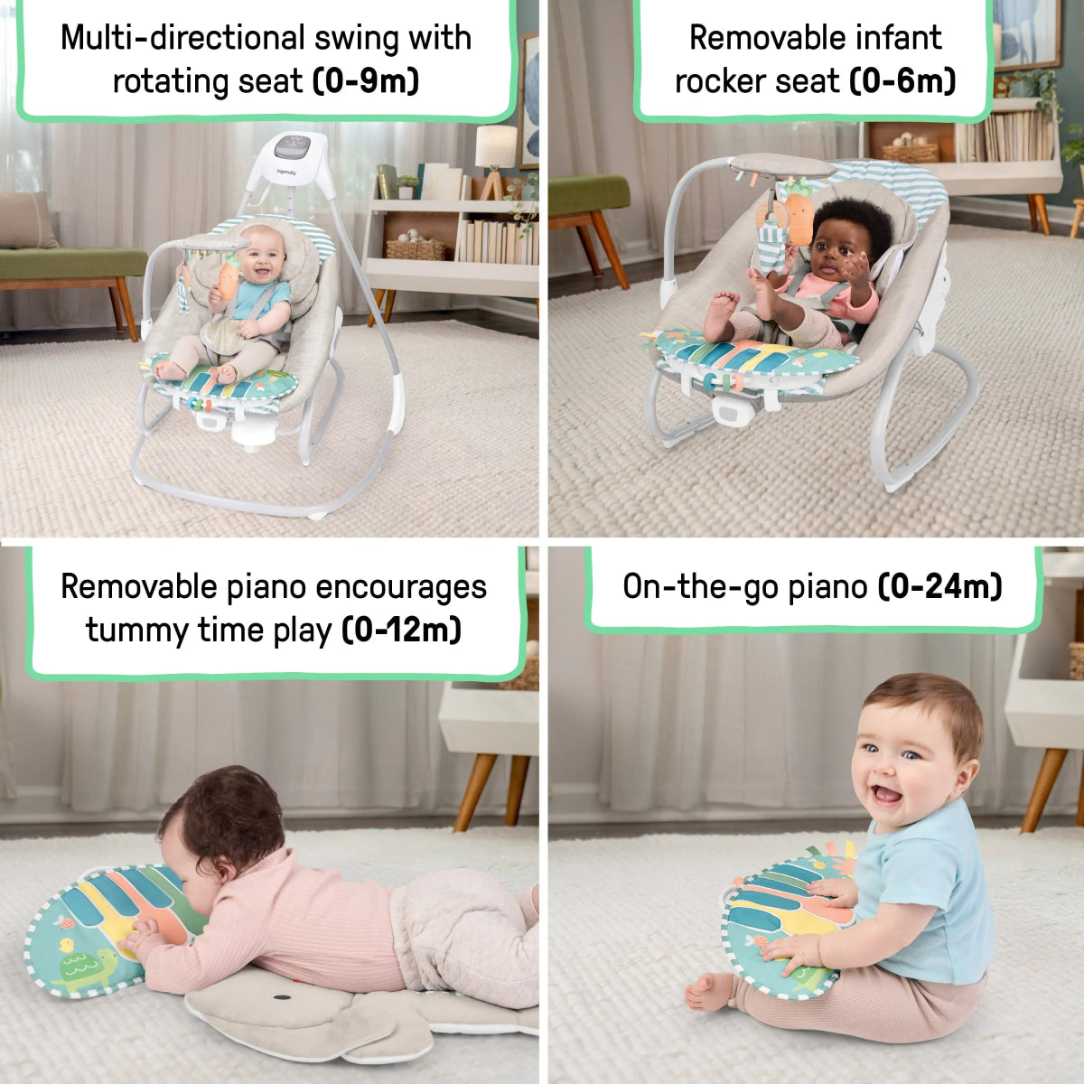 Baby swing rocker with striped seat and piano toy, reclined and upright views