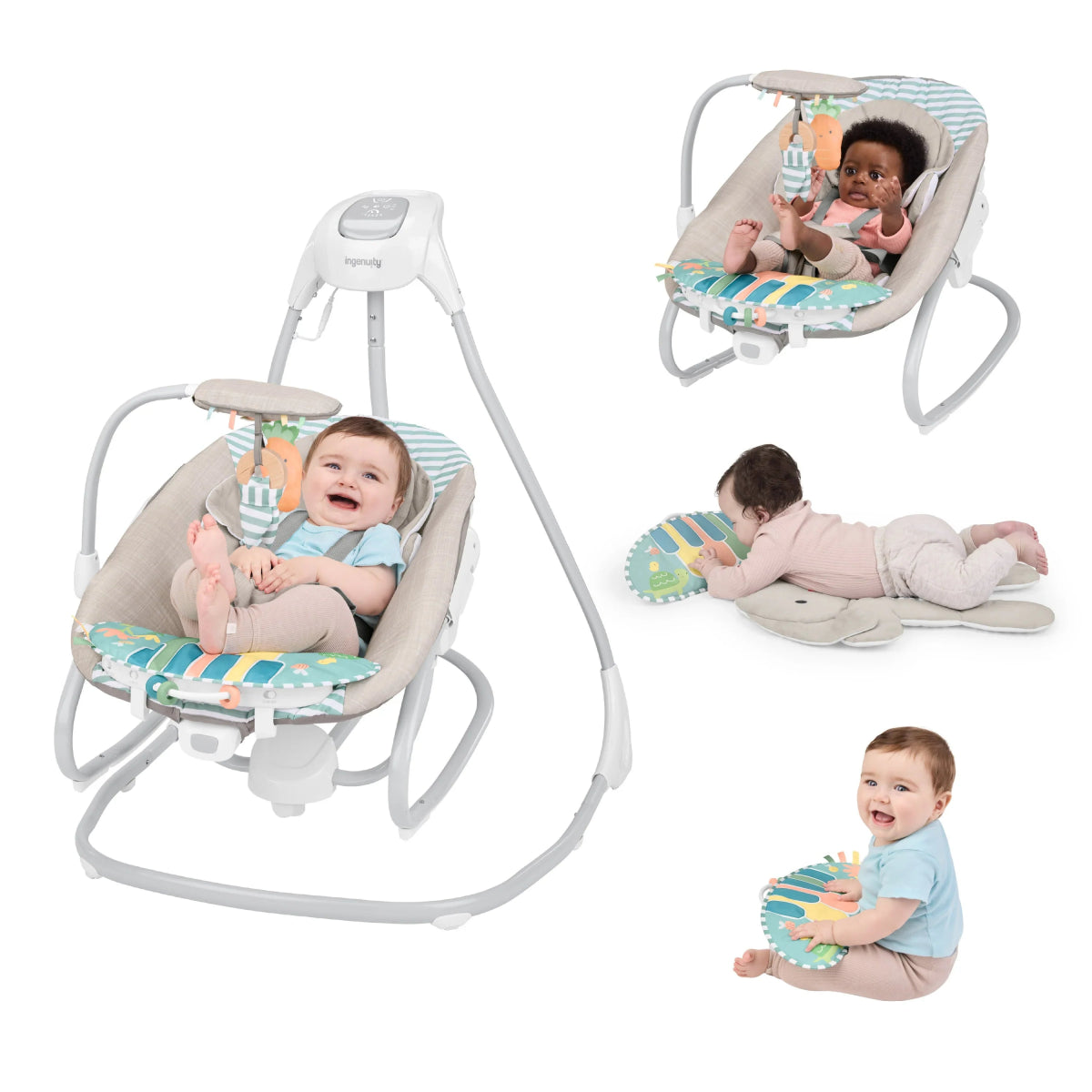 4-in-1 baby swing rocker with striped seat and piano activity toy, light gray