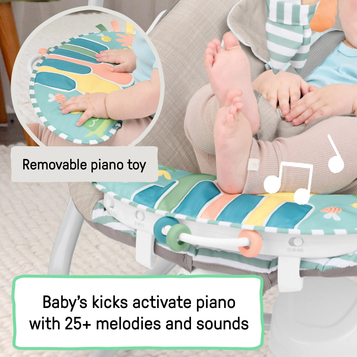Removable baby piano toy on striped swing seat, with blue activity panel