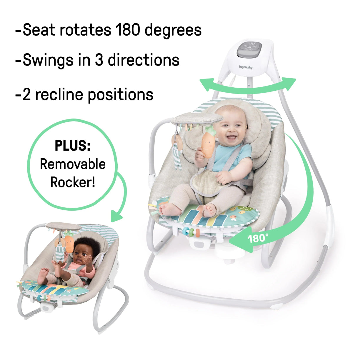 Baby swing rocker with rotating seat, striped cushion and blue piano toy
