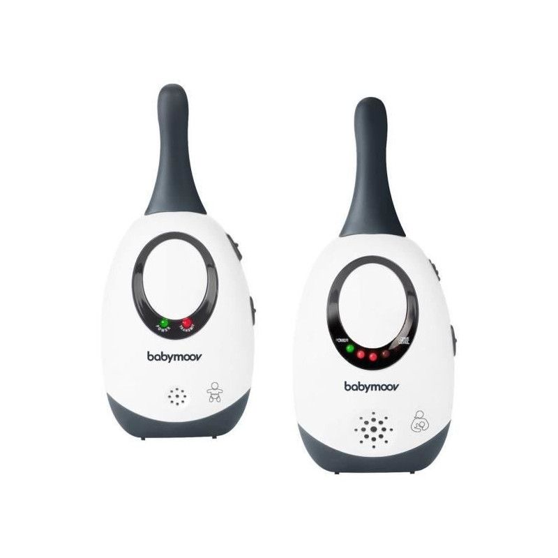 Baby monitor adapter, white body with dark top, oval display; two front units
