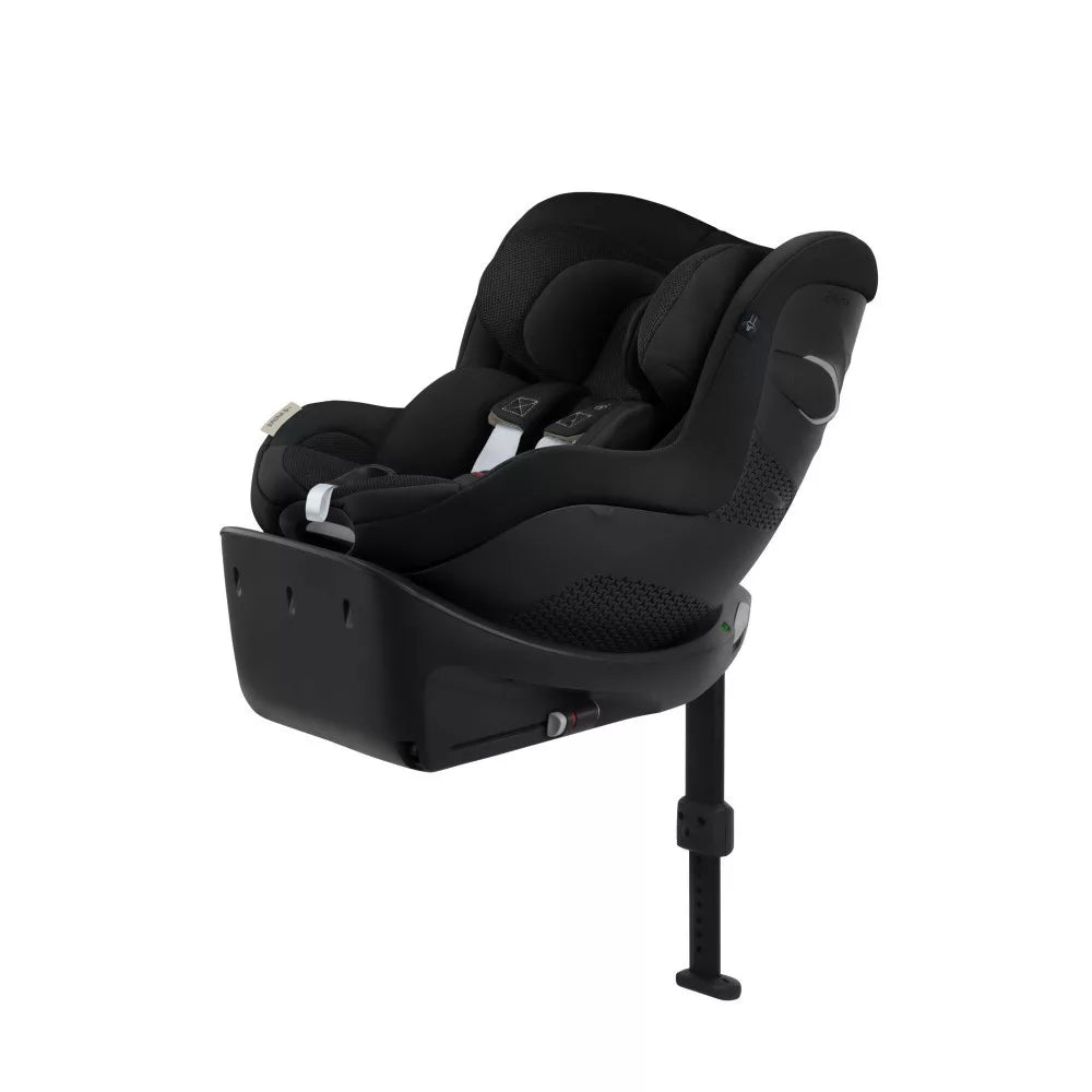 Infant car seat with base, dark fabric, adjustable harness and wide seat insert