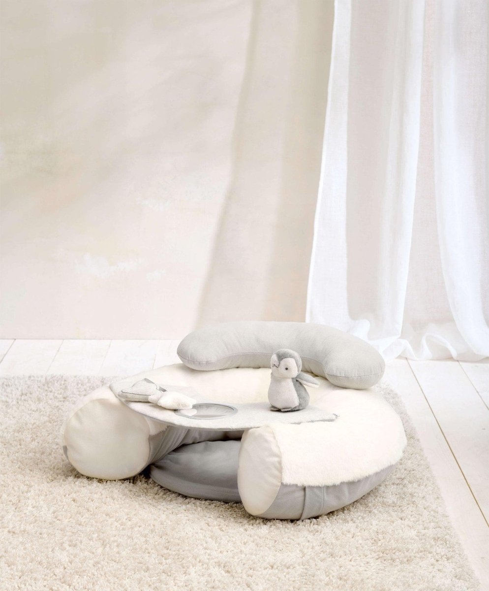 Plush baby floor seat with padded arms and removable soft tray, light gray and beige