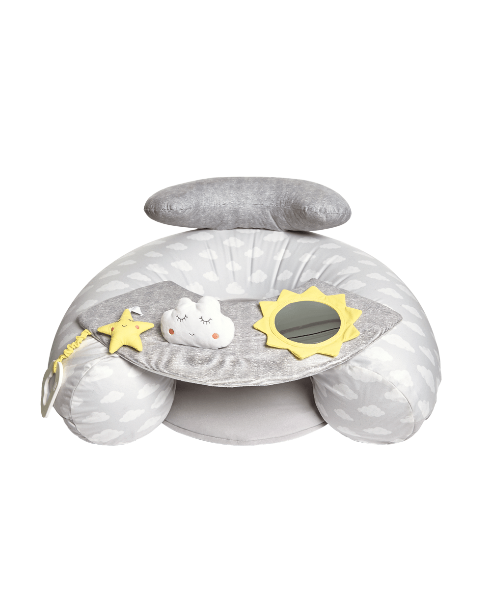 Gray and white infant play seat with plush cloud and star toys, padded cover