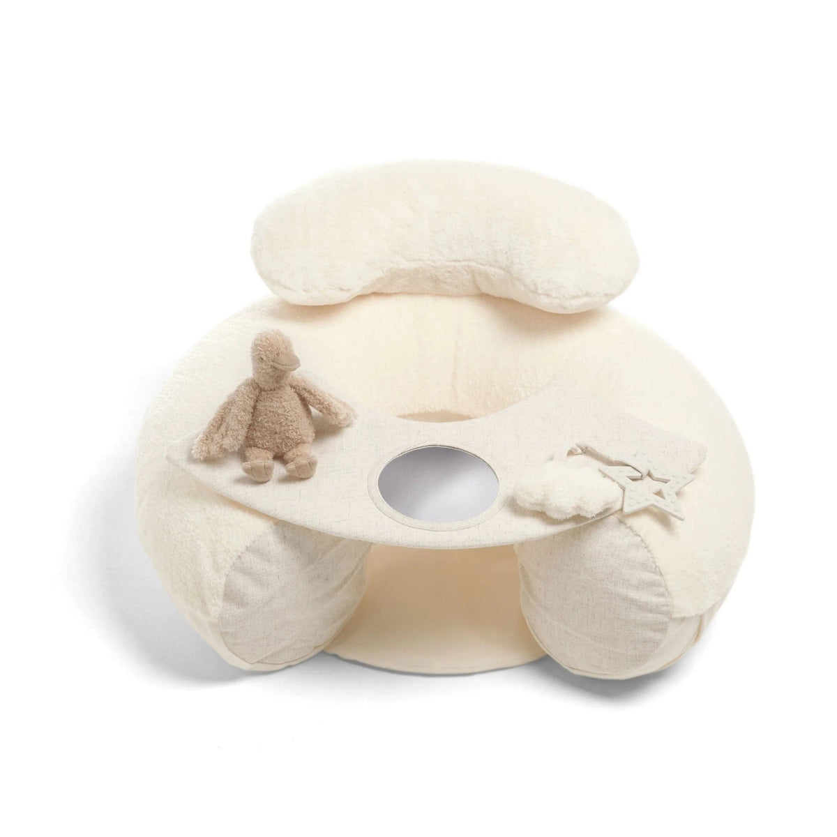 Cream plush duckling activity seat with fabric arch, play opening, and small toy