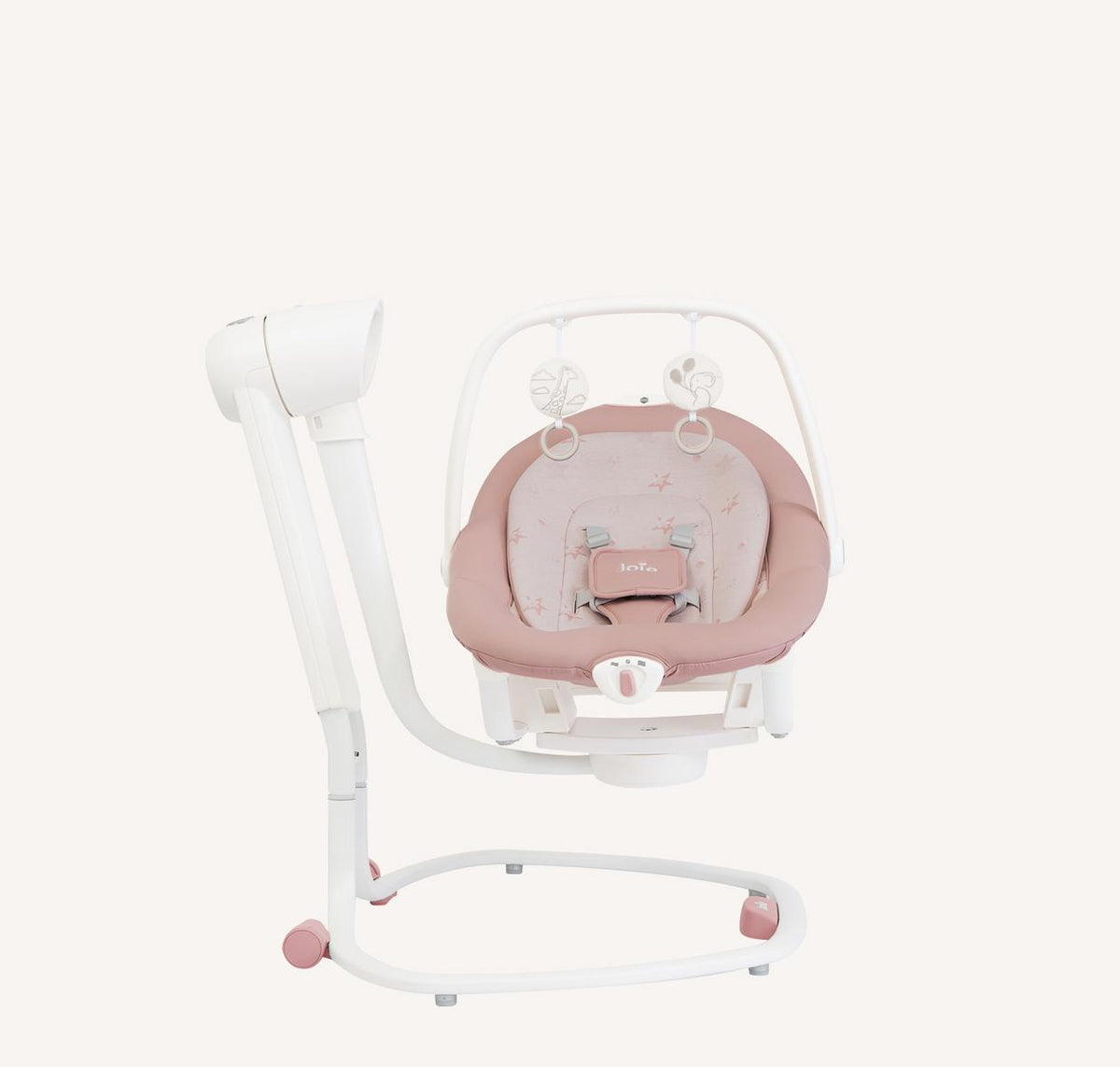 White and pink baby swing with tall backrest and arched base, hanging toy attachments