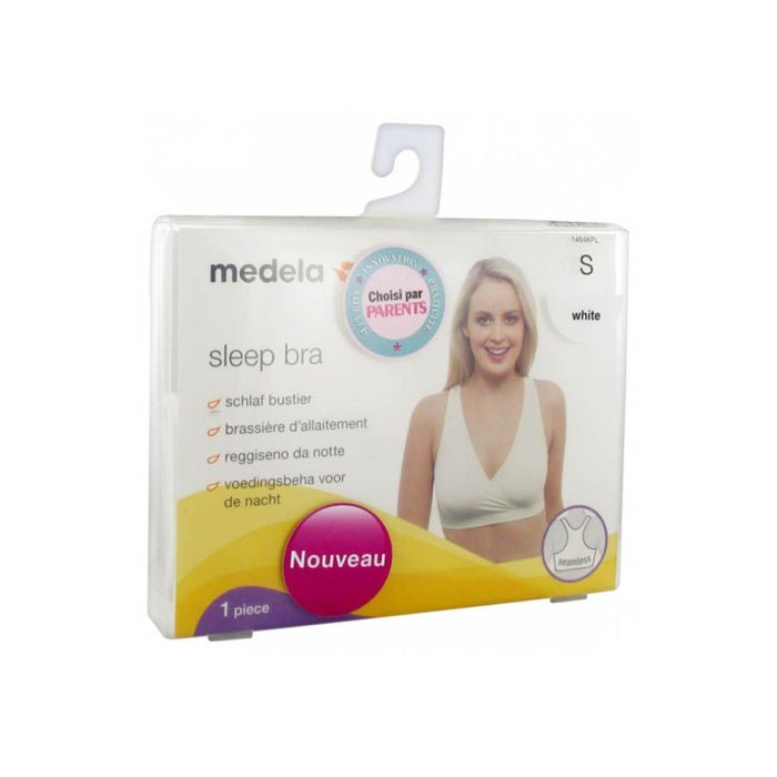 Sleep bra retail package, white size S, medela branding visible