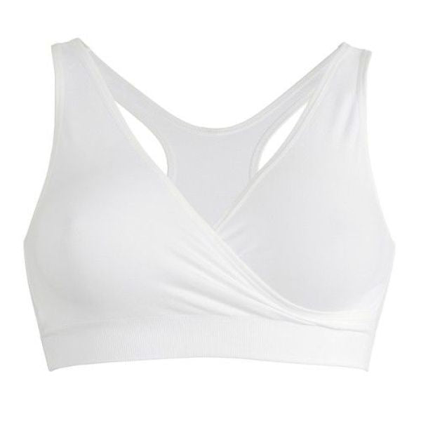 White sleep bra with V-neck and crossover front, wireless stretch fabric